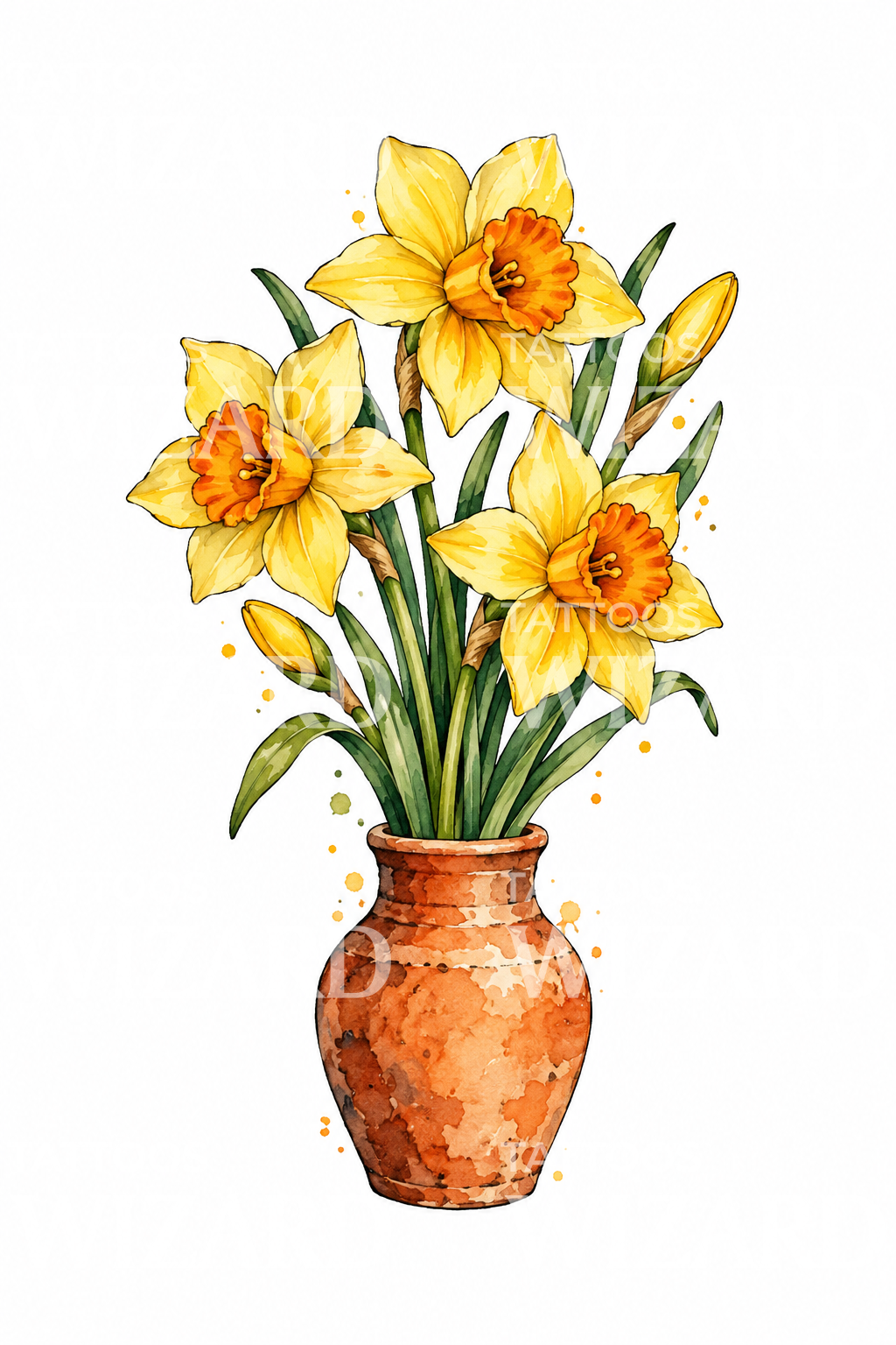 Daffodils in Clay Vase Watercolor Tattoo Idea