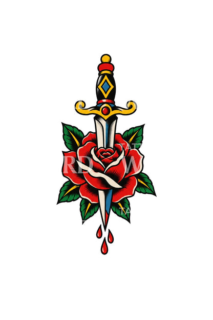 Dagger Through Red Rose Traditional Tattoo Design