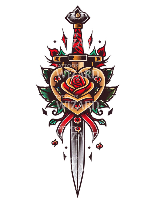 Dagger with Rose Tattoo Design