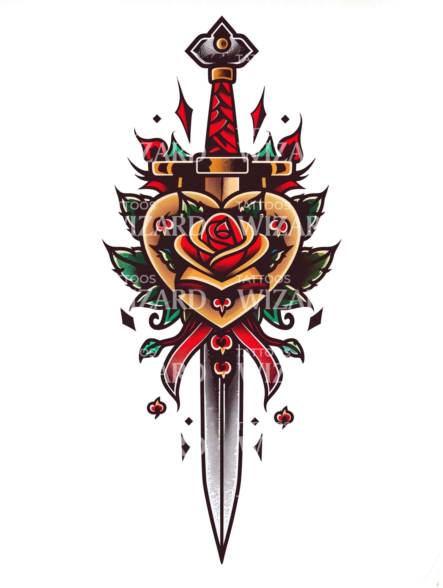 Dagger with Rose Tattoo Design