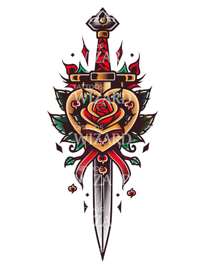 Dagger with Rose Tattoo Design