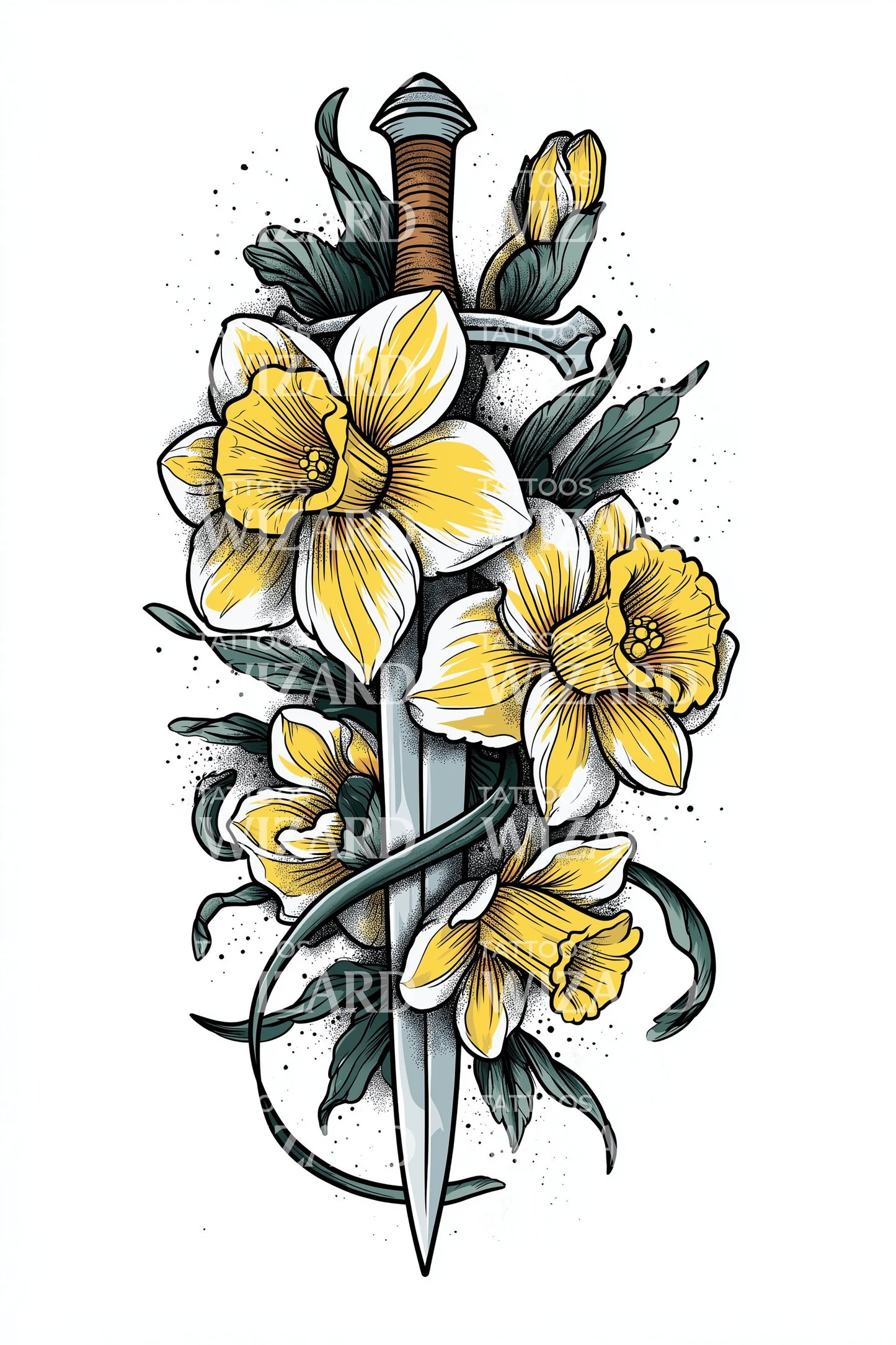 Idea tatuaggio con narcisi gialli avvolti da pugnale