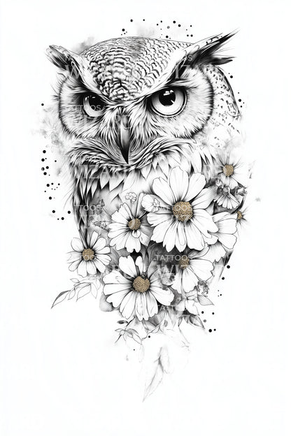 Croquis de tatouage hibou marguerite