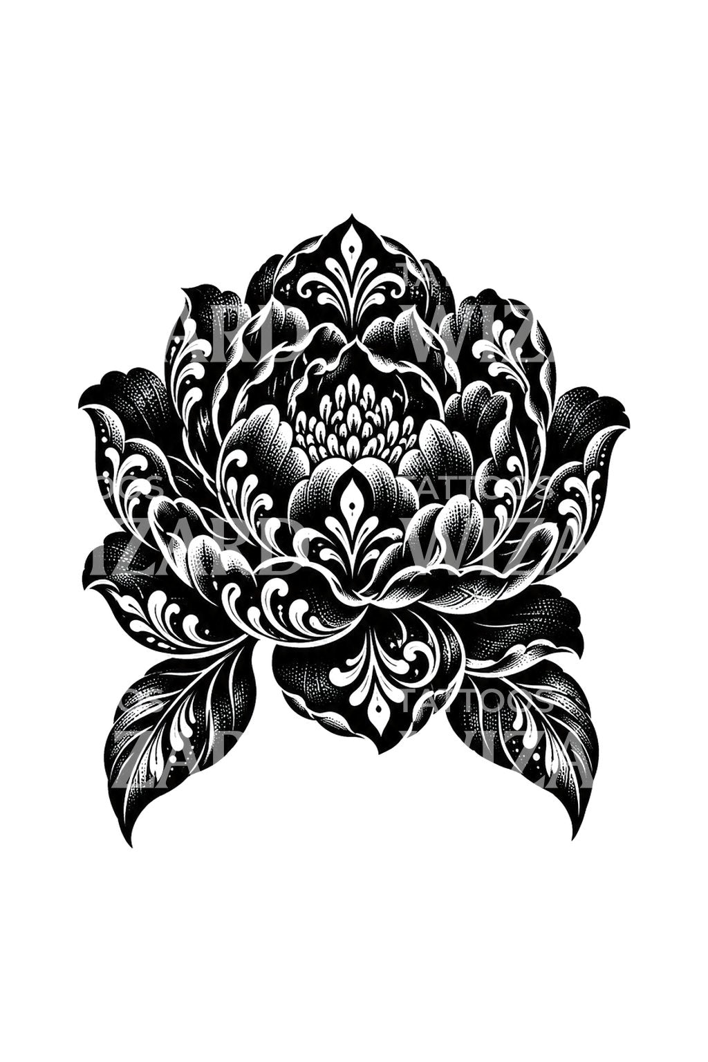 Damask Layered Peony Blackwork Tattoo Design