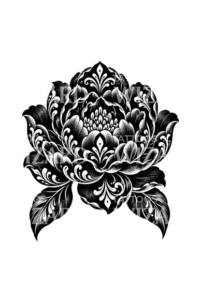 Damask Layered Peony Blackwork Tattoo Design