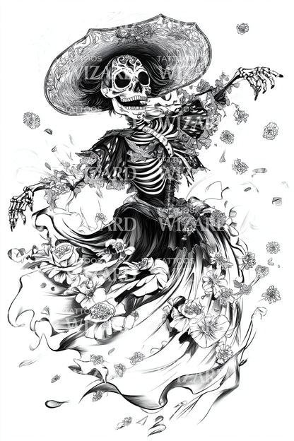 Diseño de tatuaje de calavera danzante