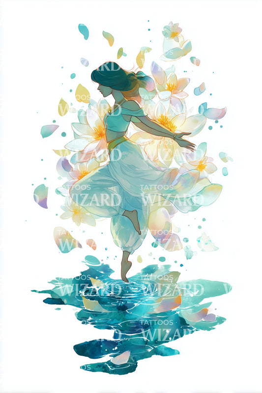 Ilustrace tetování tančící vodní nymfy