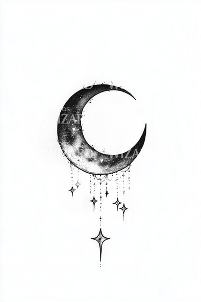 Dangling Crescent Stars Tattoo Idea