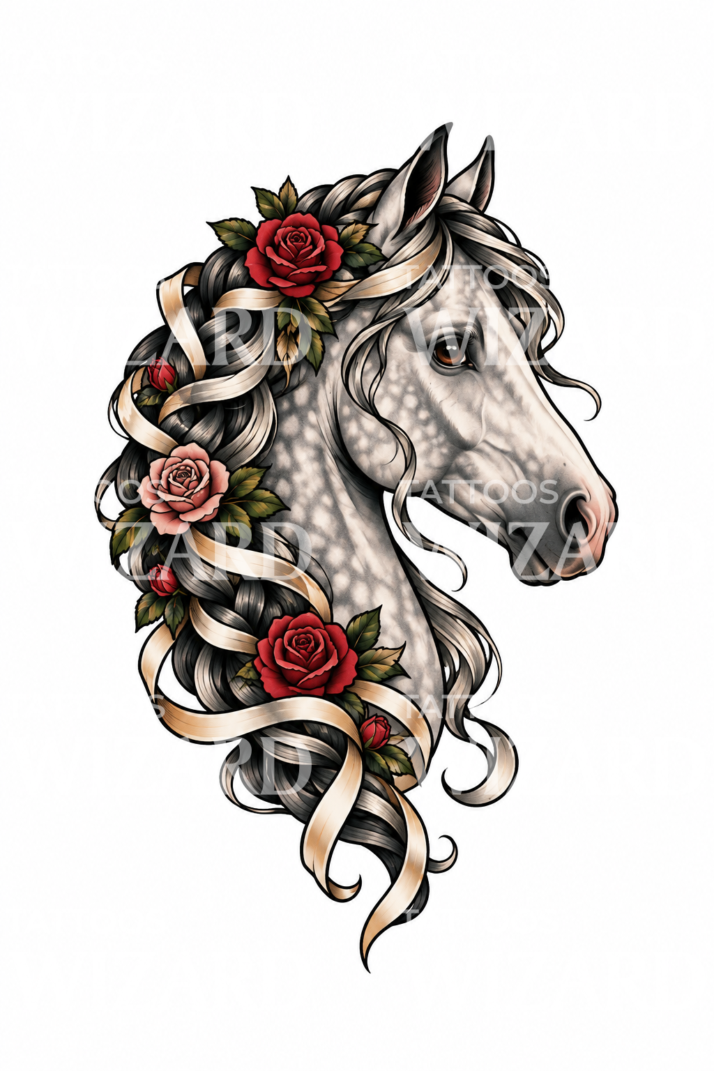 Gevlekte schimmel met gevlochten rozenmanen, tattoo-ontwerp
