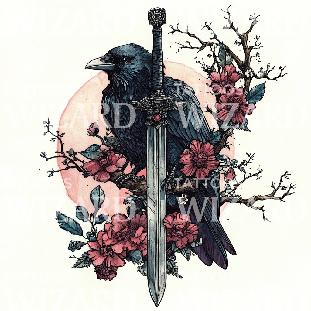 Dark Crow with Sword and Cherry Blossoms Tattoo Design