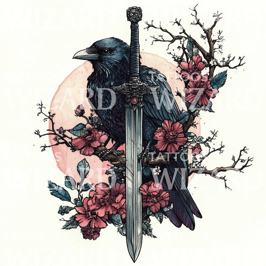 Dark Crow with Sword and Cherry Blossoms Tattoo Design