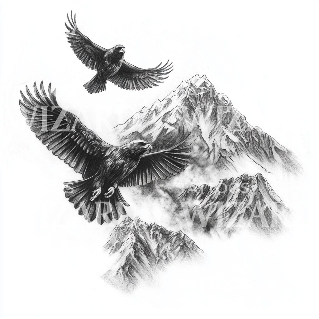 Dark Eagle and Mountain Tattoo Illustration