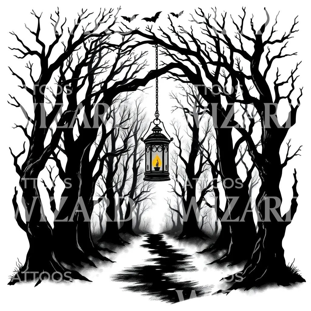 Dark Lantern Forest Tattoo Design