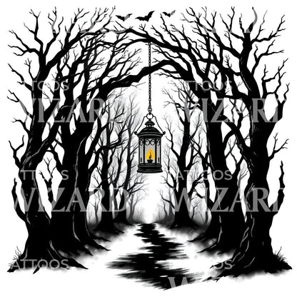 Dark Lantern Forest Tattoo Design