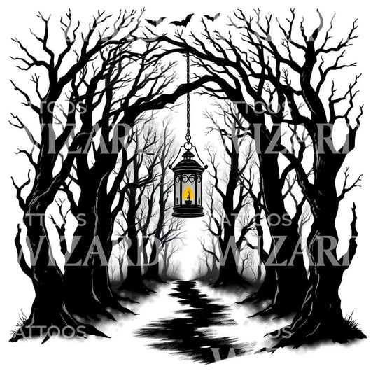 Dark Lantern Forest Tattoo Design