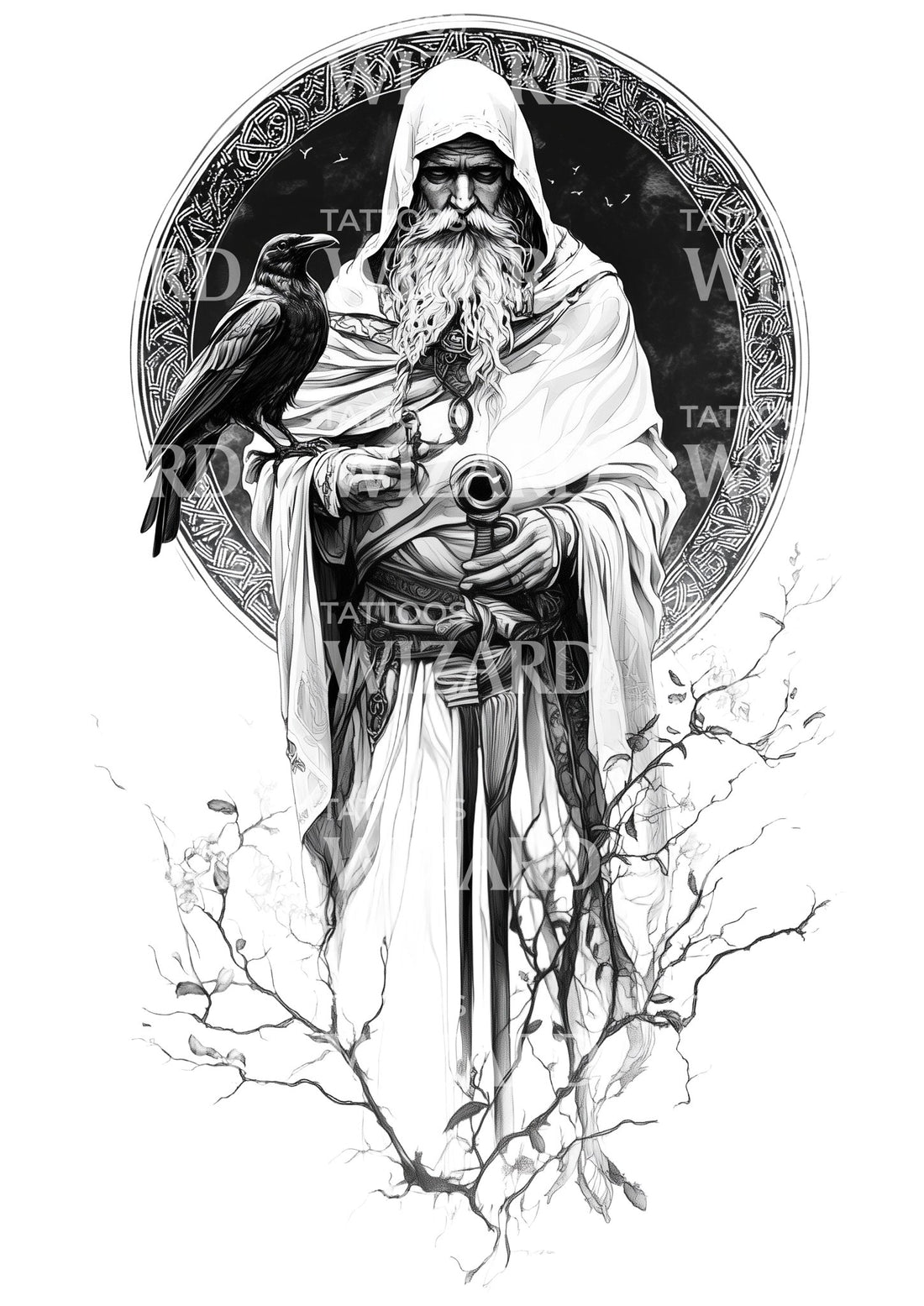 Merlin Designs Dark Merlin in White Tattoo Design – Tattoos Wizard Designs