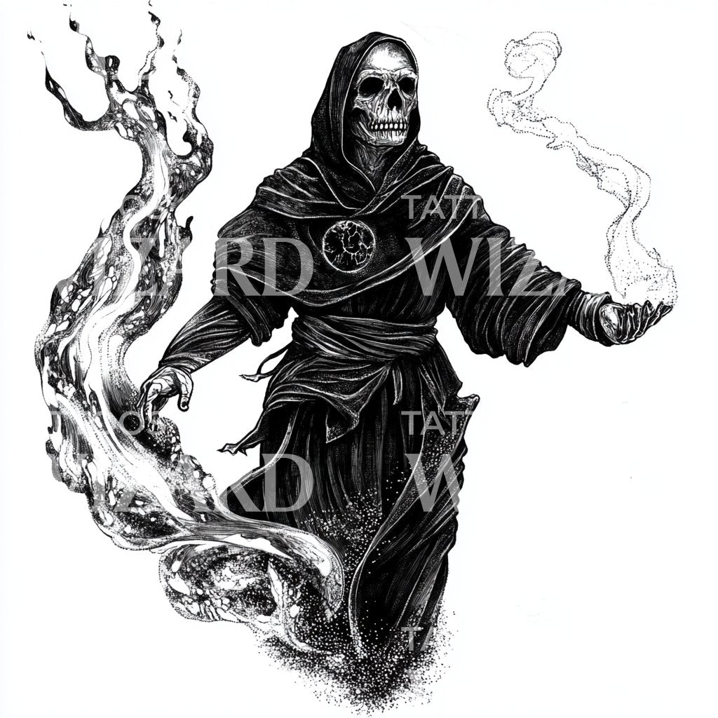 Dark Necromancer in Dotwork Style Tattoo Design