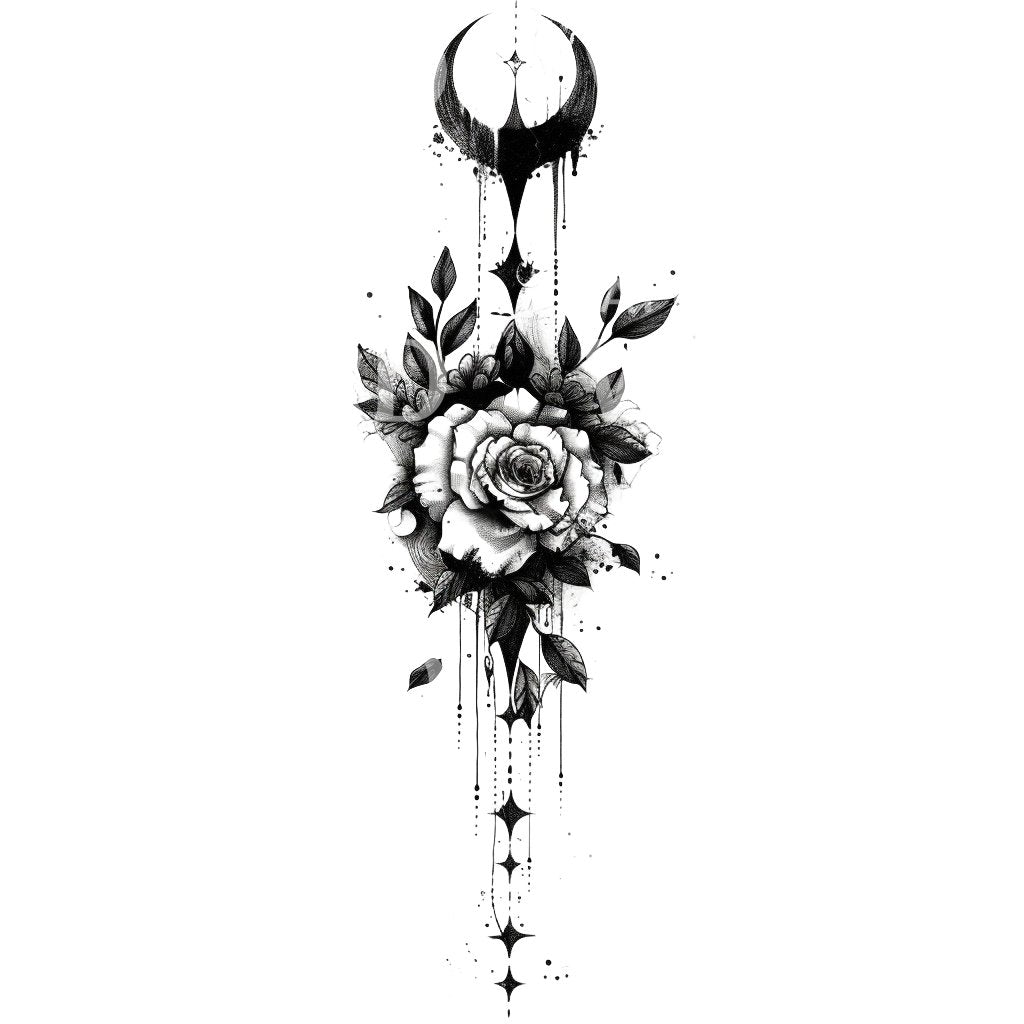 Dark Rose with Celestial Elements Tattoo Design