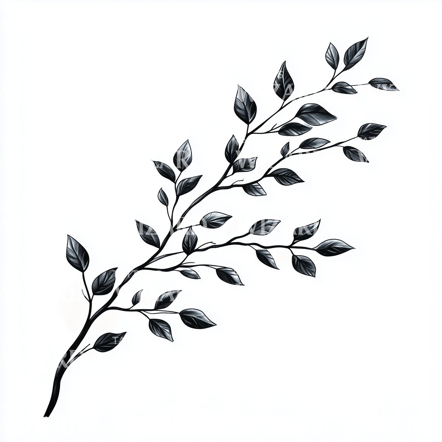 Dark Tree Branch with Delicate Leaves Tattoo Illustration