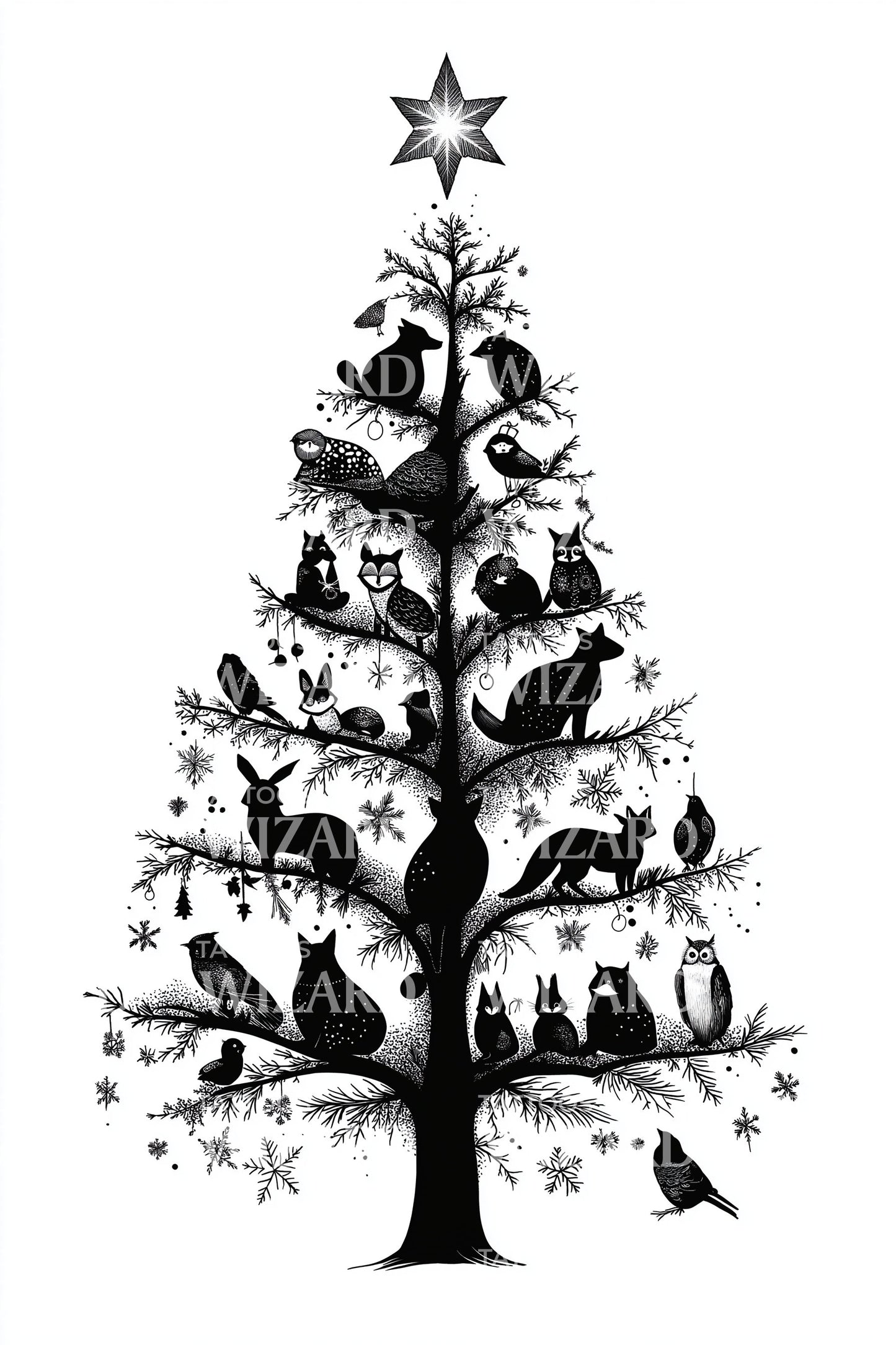 Dark Woodland Christmas Tree Tattoo Design
