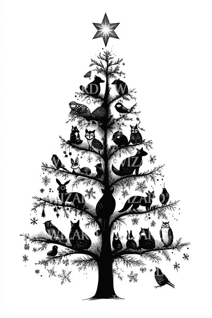 Dark Woodland Christmas Tree Tattoo Design
