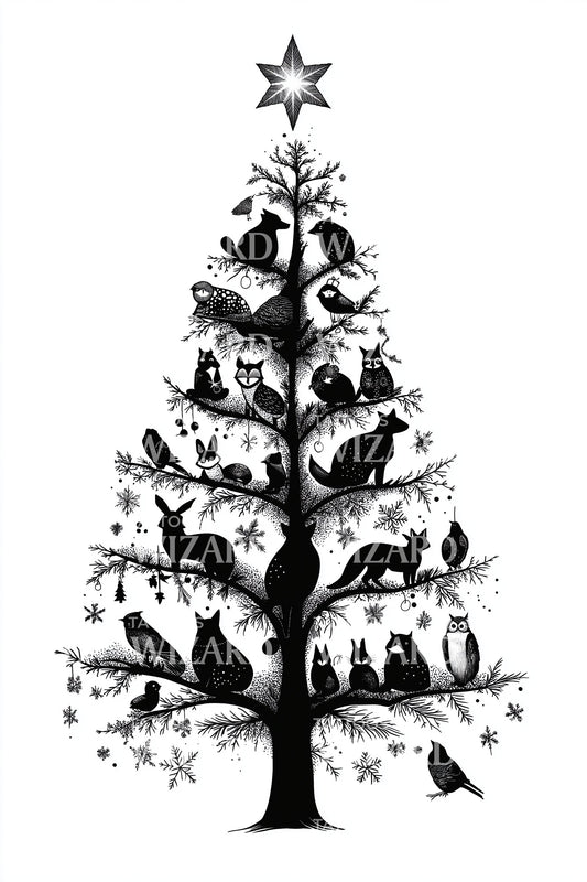 Dark Woodland Christmas Tree Tattoo Design