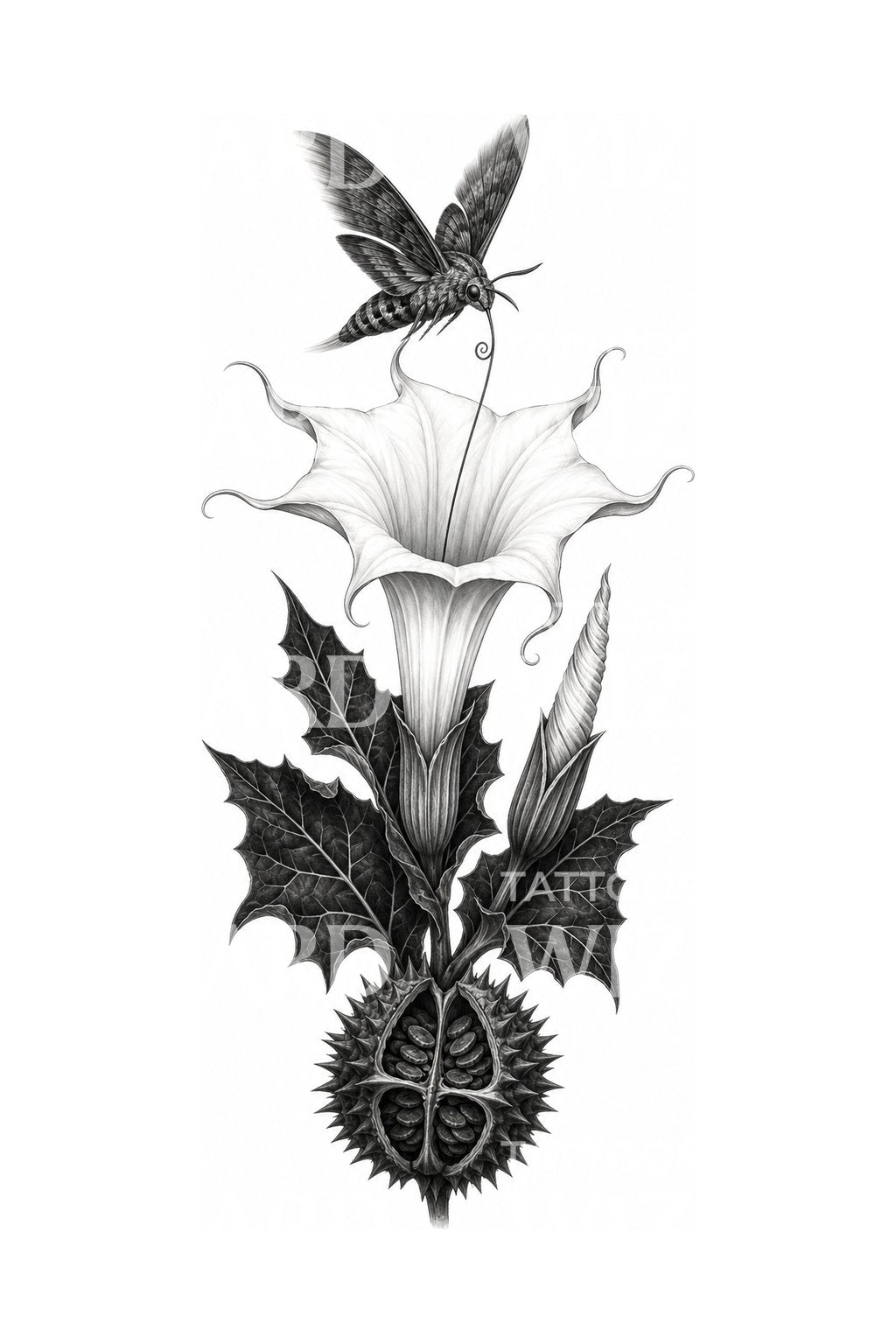 Tatueringsdesign med daturablomma och svärmare