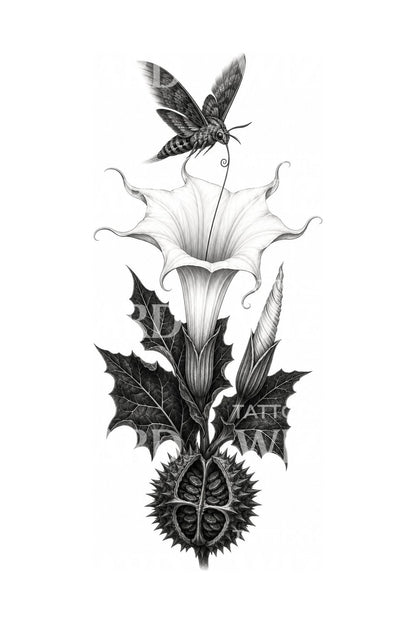 Tatueringsdesign med daturablomma och svärmare