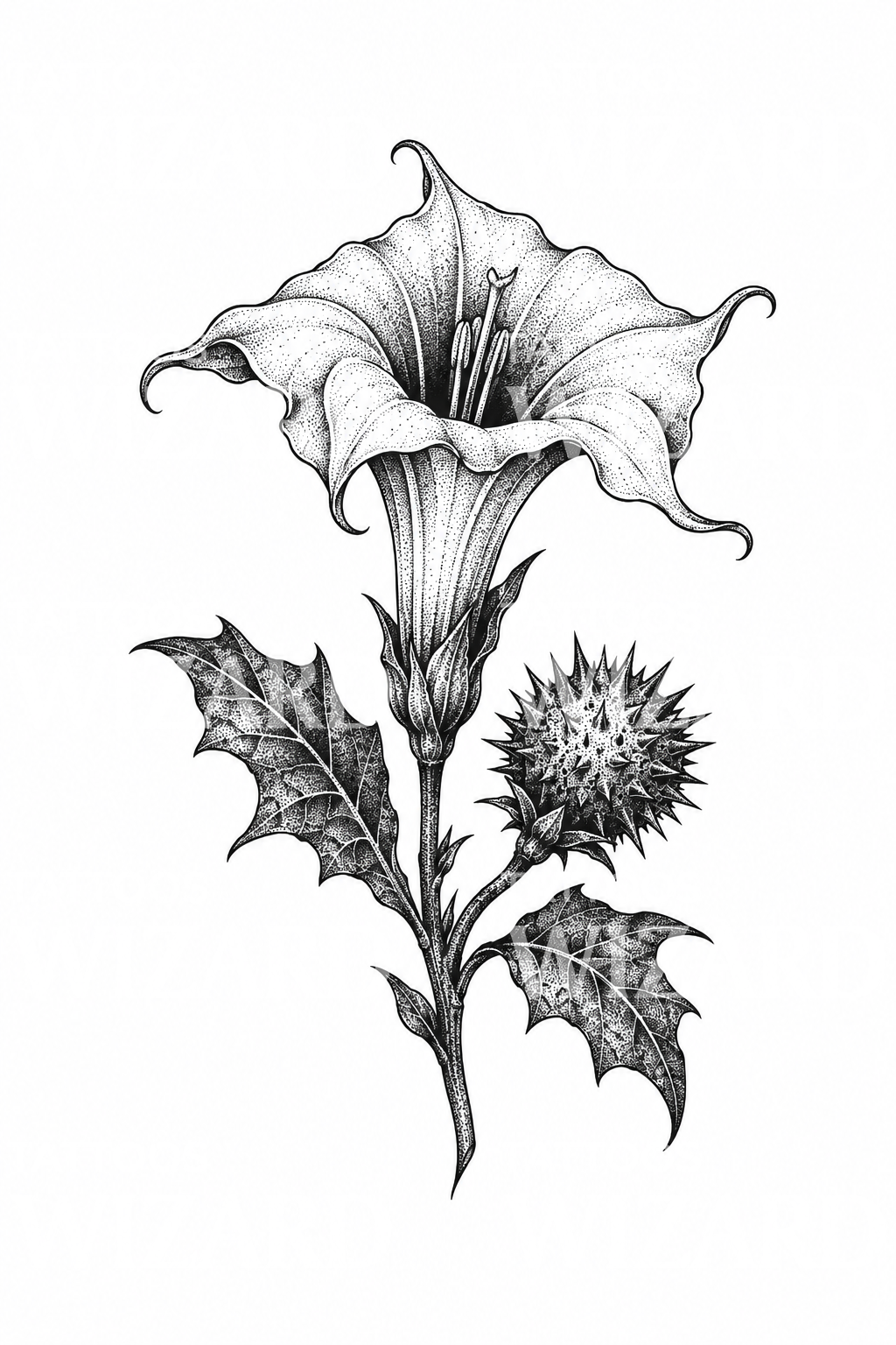 Datura Bloom and Seed Pod Stipple Tattoo Design