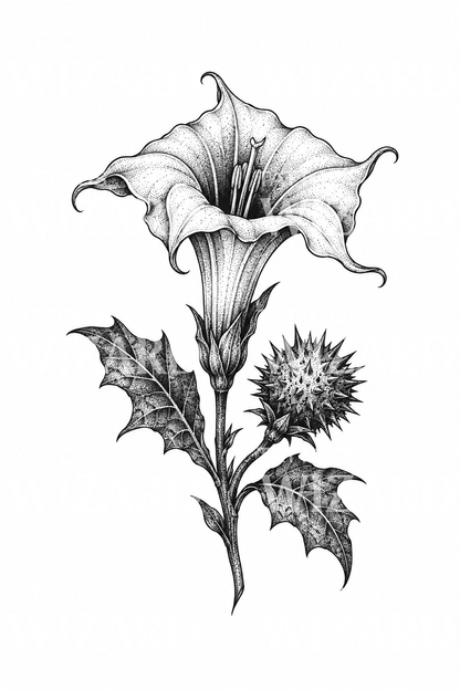 Datura Bloom and Seed Pod Stipple Tattoo Design