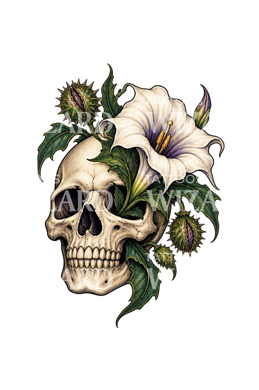 Design de tatuagem com flor de datura a nascer de um crânio