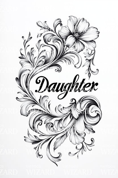Daughter Filigree Scroll Tattoo Illustration