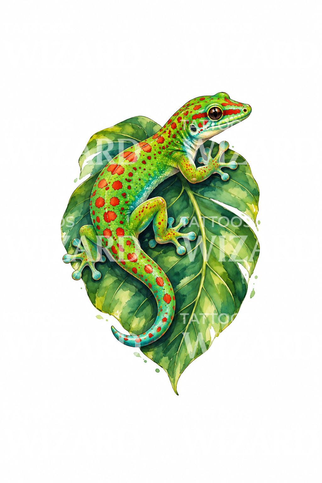 Gecko diurne sur feuille tropicale, tatouage aquarelle