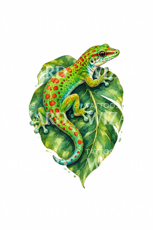 Daggecko på tropiskt blad, akvarelltatuering