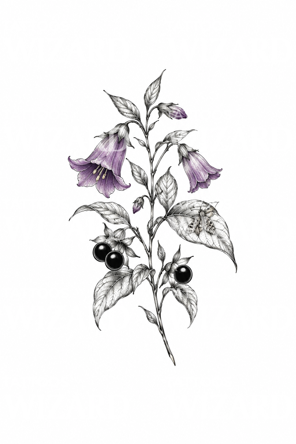 Deadly Nightshade and Moth Tattoo Design