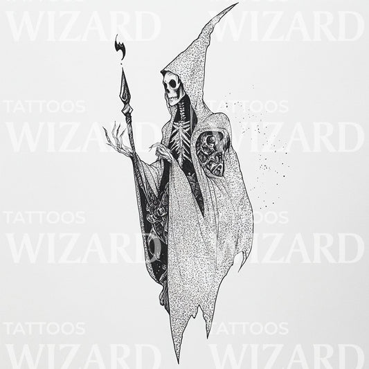 Death Necromancer with Staff Tattoo Illustration