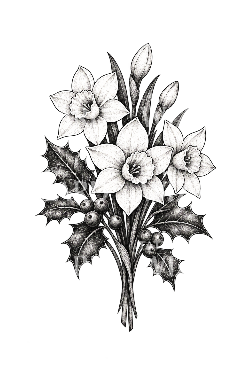 Narciso di dicembre e agrifoglio in dotwork