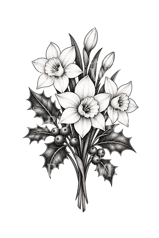 December Birth Flower Narcissus and Holly Dotwork Tattoo