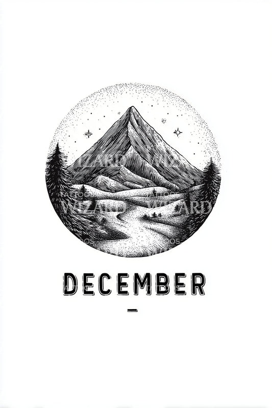 December Mountain Landscape Tattoo Design