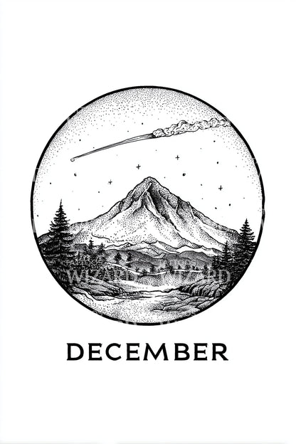 December Night Mountain Scene Tattoo Design