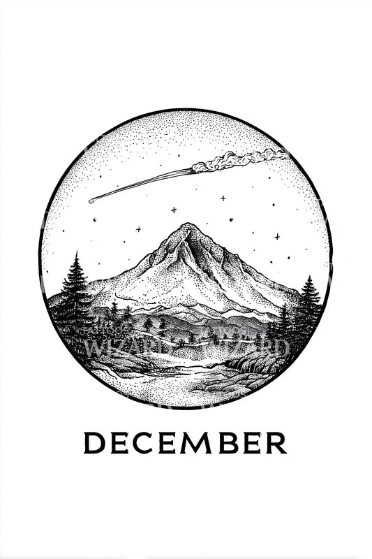 December Night Mountain Scene Tattoo Design