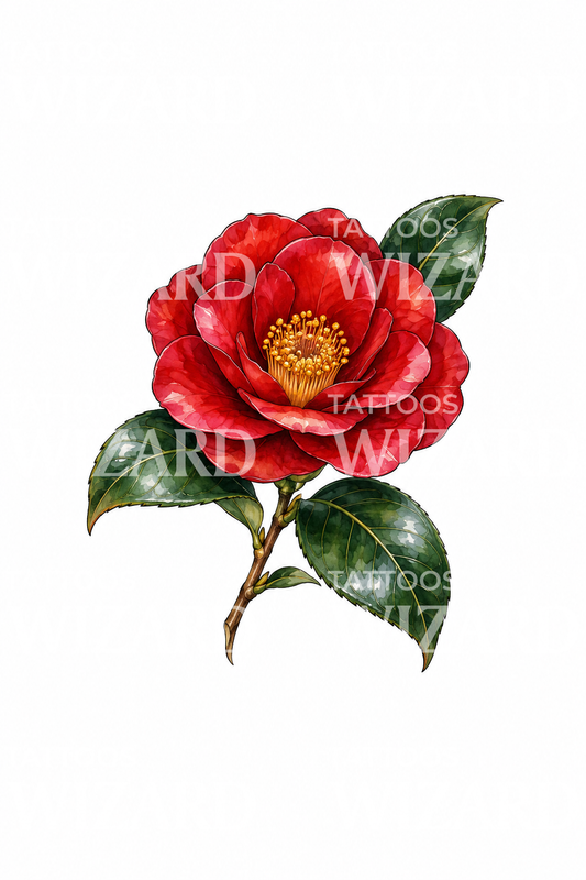 Tatuaggio acquerello con fiore di camelia rosso intenso