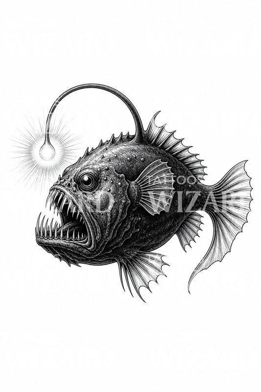 Design de tatuagem de tamboril do mar profundo