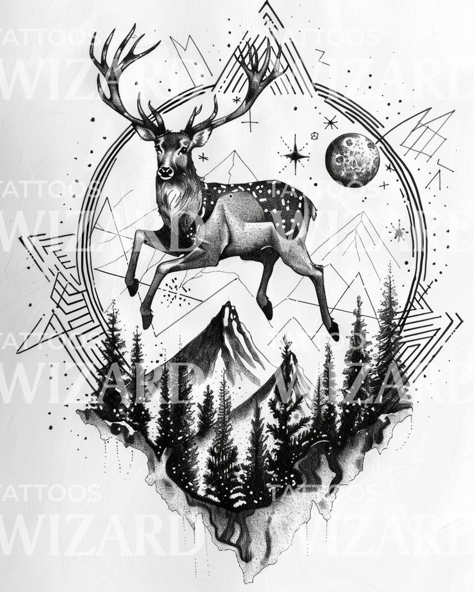 Conception de tatouage de paysage de cerf et de montagne cosmique