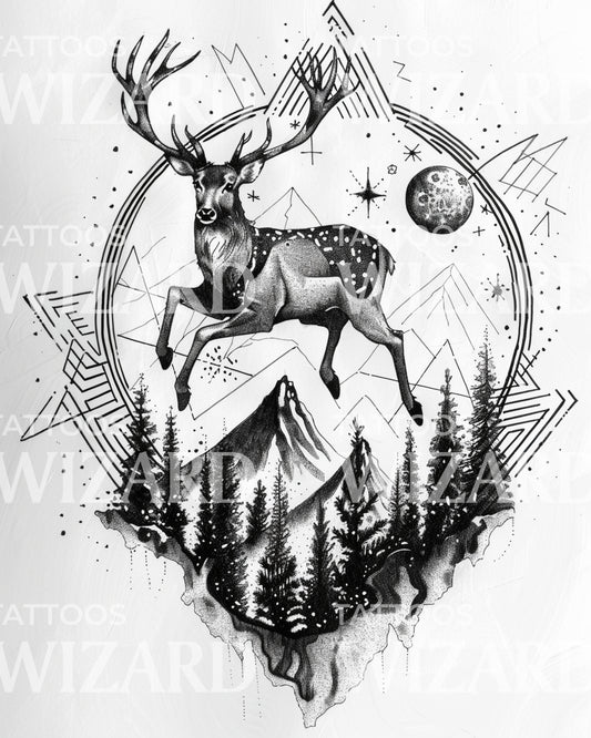 Tattoo-Design mit Hirsch und kosmischer Berglandschaft