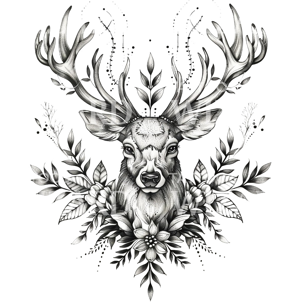 Deer and Flowers Tattoo Design