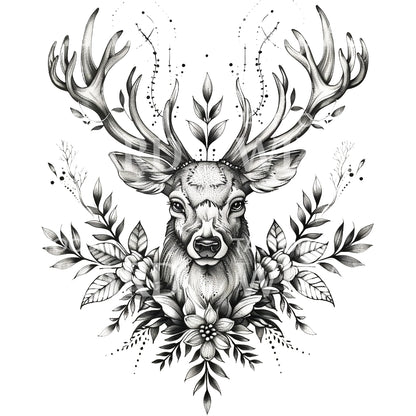 Deer and Flowers Tattoo Design