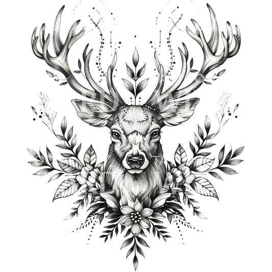 Deer and Flowers Tattoo Design