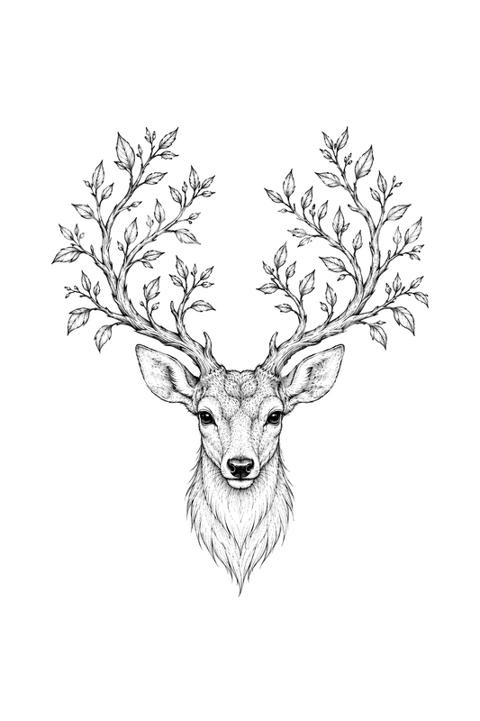 Deer Head with Leafy Branch Antlers Fine Line Tattoo
