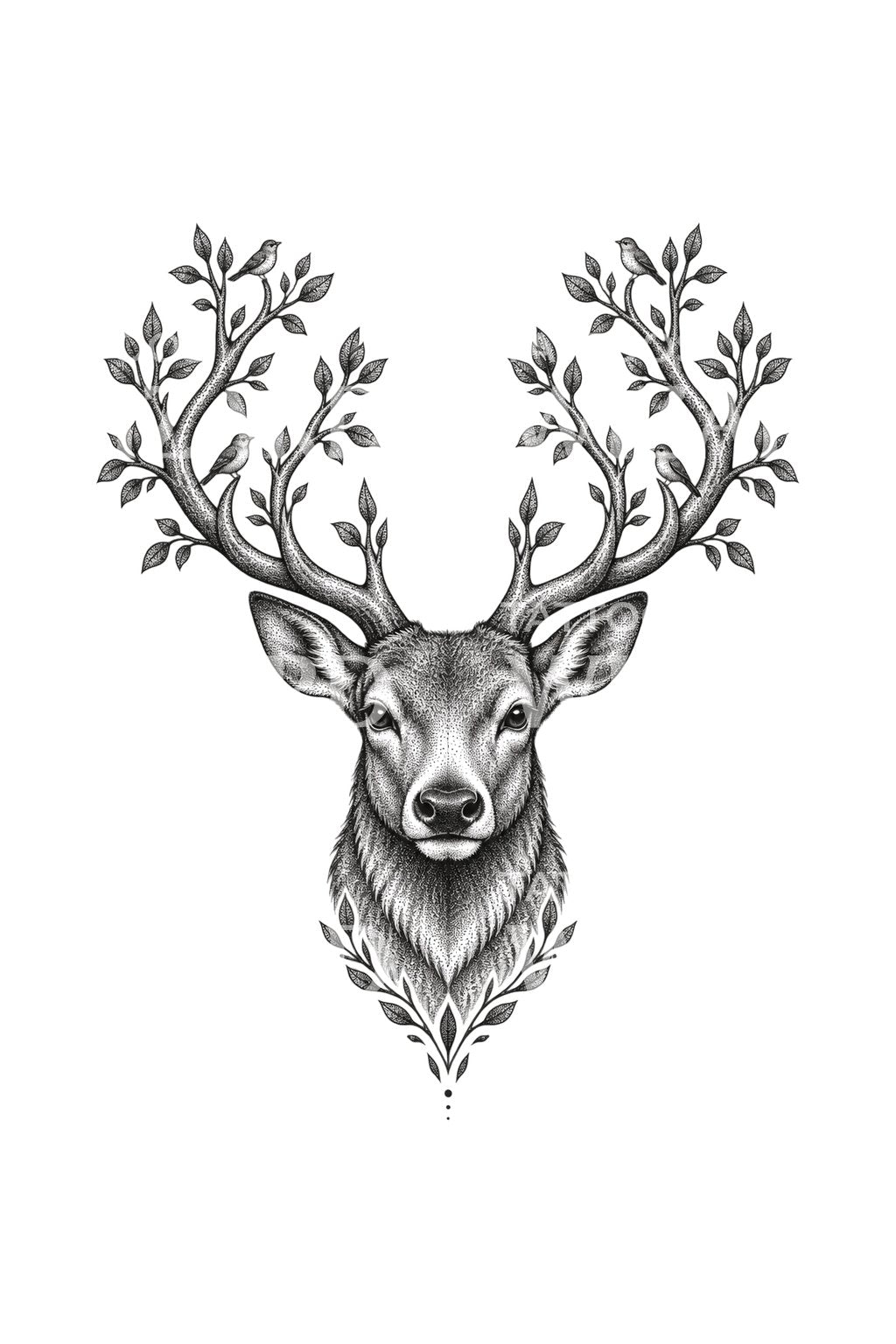 Dotwork tetování jelení hlavy s větvemi zpěvných ptáků